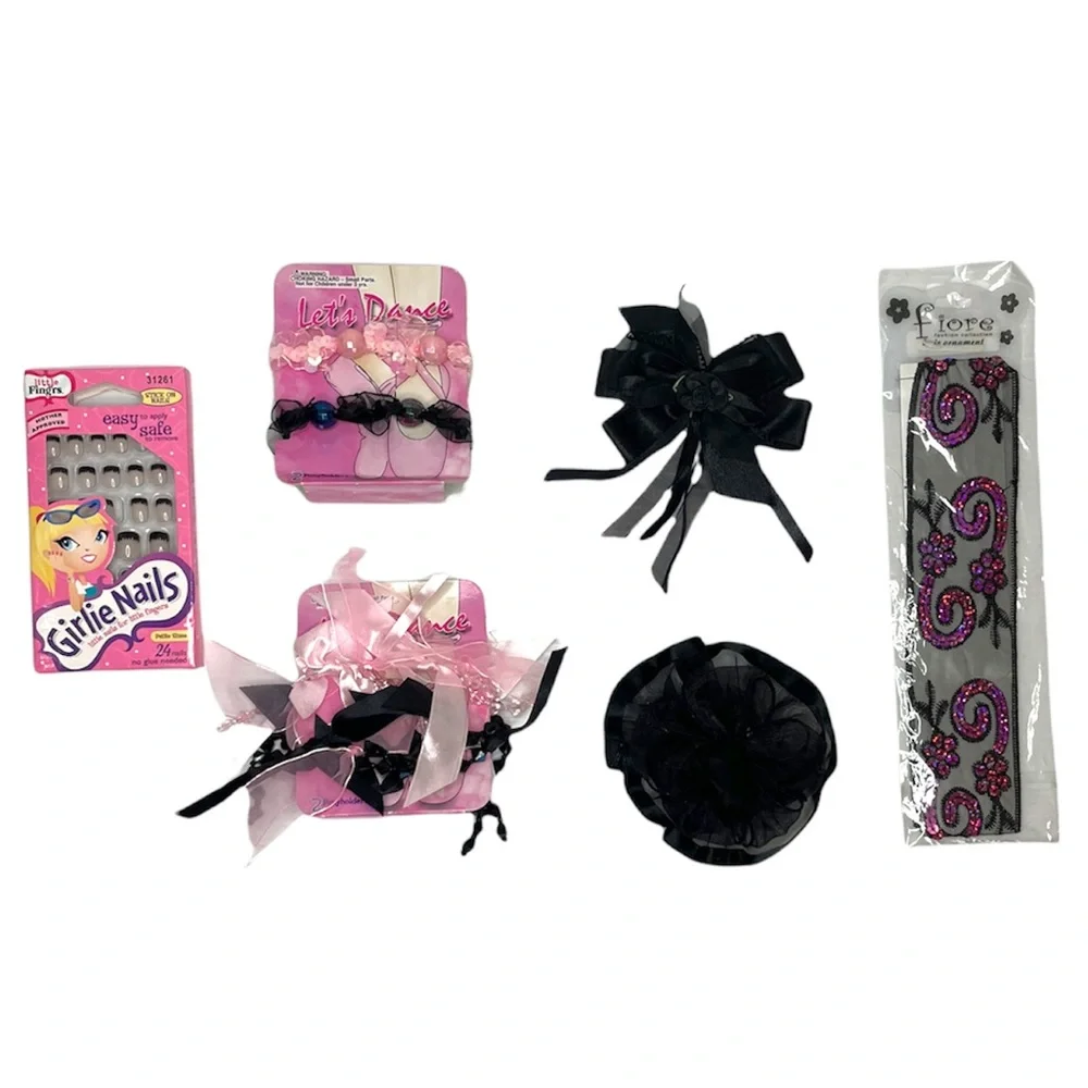 Little Girls Hair & Beauty Bundle Press On Nails Accessories Gift Set Black Pink